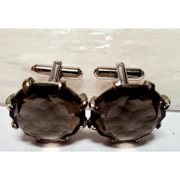VTG Cuff Links Smoky Gray Crystal Stones Prong Set Faceted Shiny .75" Size Round - Picture 10 of 10